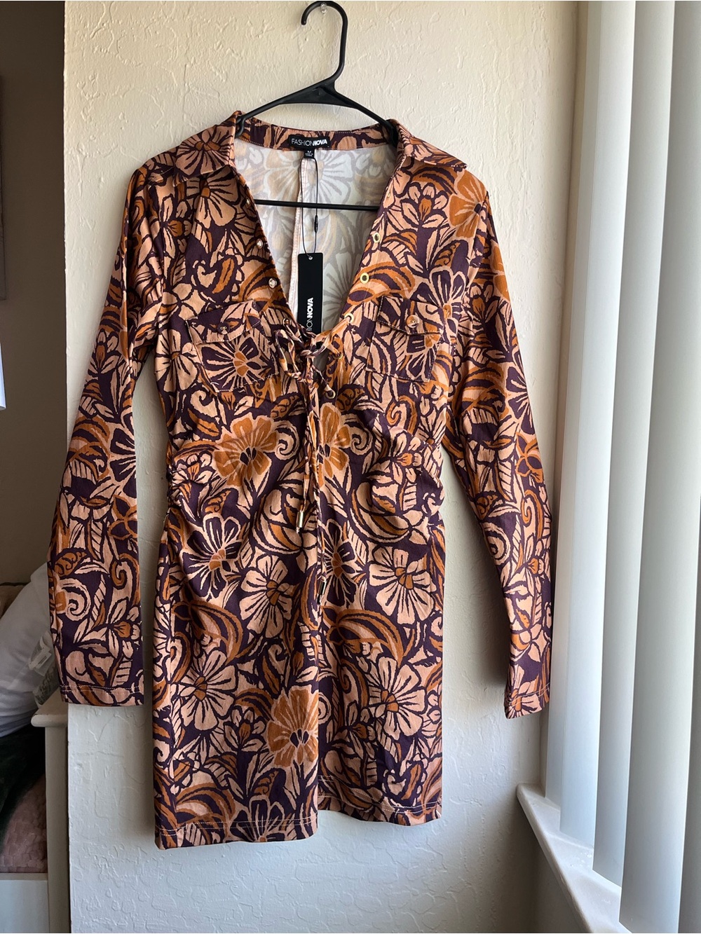 Fashion Nova Rust and Purple Floral Tie-Front Long Sleeve Mini Dress